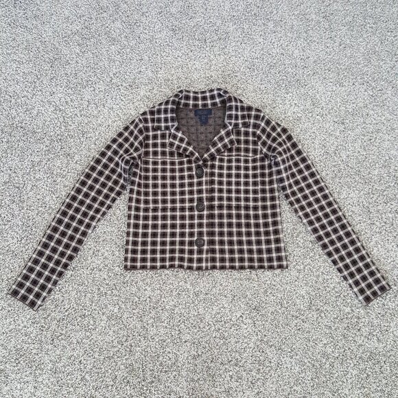 Cropped Knit Sweater Jacket Blazer Brown Plaid Rachel Roy Vintage Pocket Stretch - Picture 1 of 11